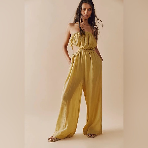 Free People Pants - Free People Mustard Cut Out For It Wide Leg Pant Jumpsuit with Pockets
